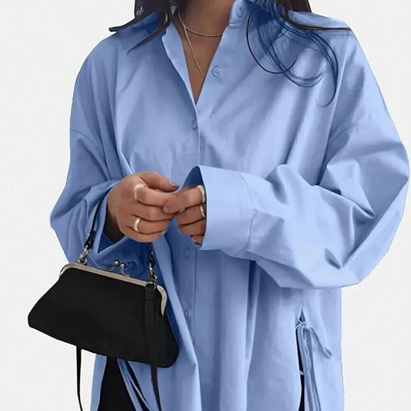 Blue Casual Women's Solid Color Drop Shoulder Long Sleeve Shirt - Picture 1 of 5
